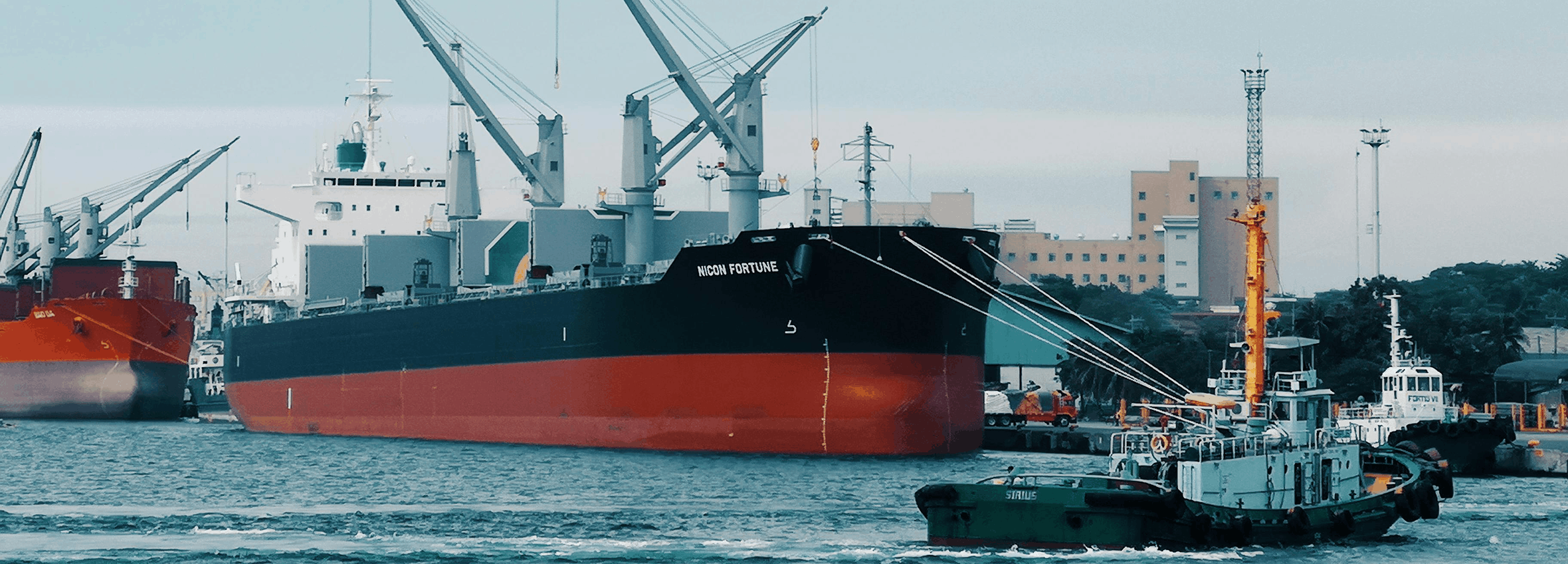 Port cranes and container ship